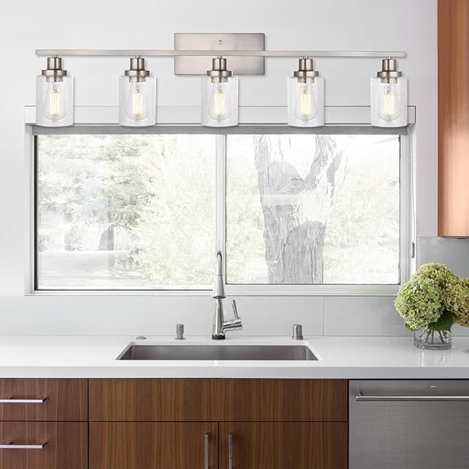 40-Inches Length Bathroom Vanity Lighting Fixtures Over Mirror in Brushed Nickel, 5-Lights Industrial Sconce Wall Lamp with Seeded Glass Shades