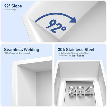 Stainless Steel Shower Niche 20" X 12" White No Tile Needed Niche Shower for Bathroom Storage Recessed Wall Shelf Over Mount Installation