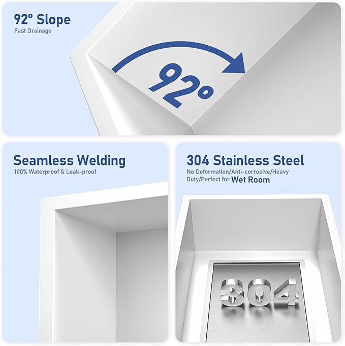 Stainless Steel Shower Niche 30" X 12" White No Tile Needed Niche Shower Recessed Wall Horizontal Niches for Bathroom Storage Over Mount Installation