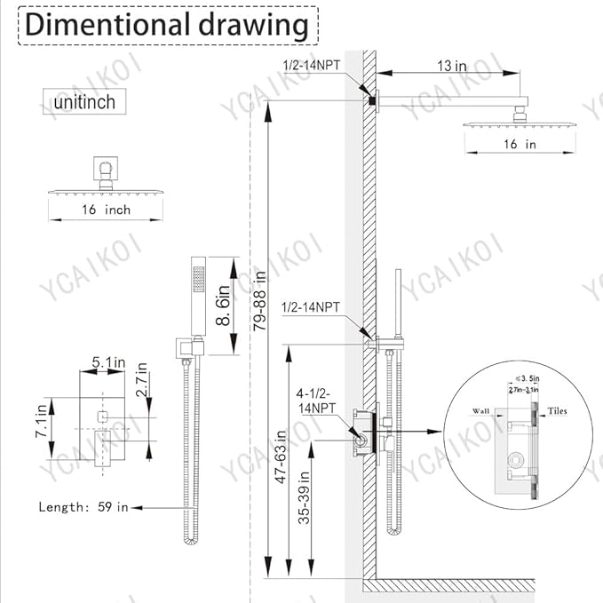 Shower Faucet Set 16 Inch Wall Mount Rain Shower System, All Metal Shower Fixtures - Brushed Nickel