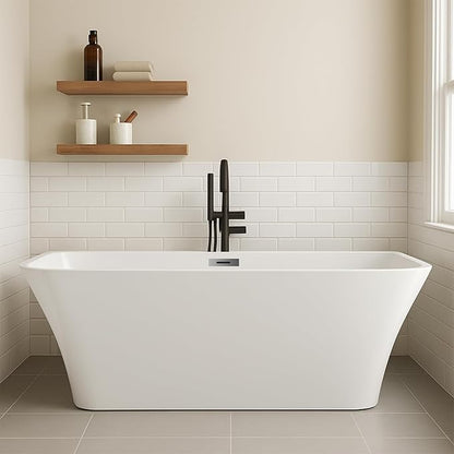 59" Acrylic Freestanding Bathtub - Glossy White Rectangle Soaking Tub with Chrome Overflow & Drain Kit, CUPC Certified