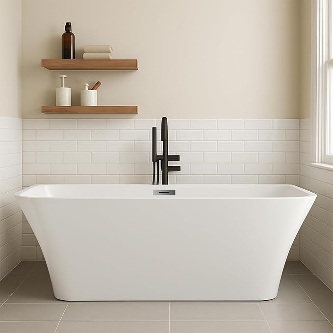 59 Inch Freestanding Bathtub, Modern Acrylic Soaking Bathtub, Ergonomic Deep Tub with Non-Slip Base and Chrome Drain, Standalone Design for Relaxing Bathroom Use, White