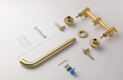 Wall Mount Tub Filler,Two Handle Bathtub Wall Faucet,Extra Long Spout Reach with High Water Flow,Brass Rough in Valve Included,Gold Brushed