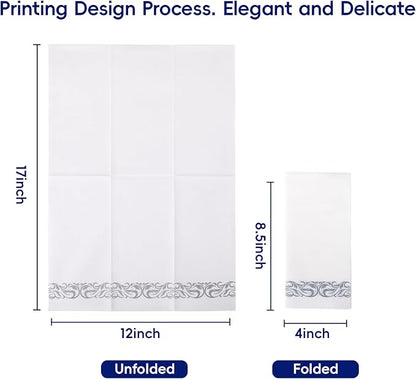 200 Disposable Hand Towels Soft and Absorbent Linen Feel Dinner Napkin Durable Decorative Bathroom Hand Napkins Good for Kitchen, Parties, Weddings, Dinners or Events White and Silver