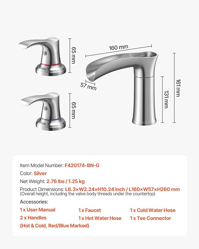 VEVOR Roman Tub Faucet, 3 Hole Waterfall Bathtub Faucet, Zinc Alloy Bath Tubs Faucets Set with 2 Handles, Deck Mount Bath Tub Faucets Set for Pet Washing, Adult Bathing, Silver, Hot & Cold Control