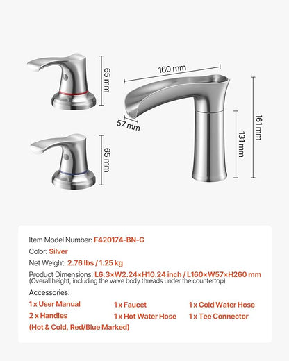 VEVOR Roman Tub Faucet, 3 Hole Waterfall Bathtub Faucet, Zinc Alloy Bath Tubs Faucets Set with 2 Handles, Deck Mount Bath Tub Faucets Set for Pet Washing, Adult Bathing, Silver, Hot & Cold Control