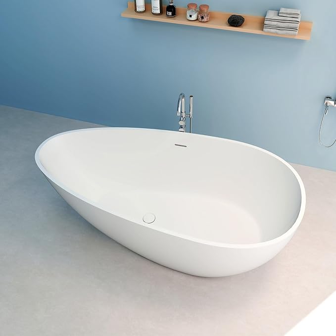 Premium 59" Solid Surface Freestanding Bathtub, Upgraded Oval Stone Resin Egg ShapeTub with Overflow and Pop-up Drain, Matte White