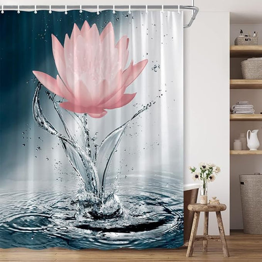 Lotus Shower Curtain Black White Blue Red Flower Elegant Blooming Floral with Dew Spring Flower Reflection on Water Modern Romantic Polyester Fabric Bathroom Decor 60×70 Inch with Hook