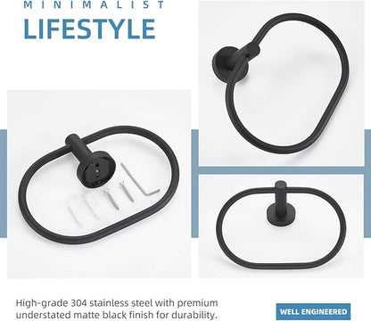 Angle Simple Bathroom Hand Towel Holder, SUS 304 Stainless Steel Swivel Hand Towel Ring Rack for Wall, Matte Black