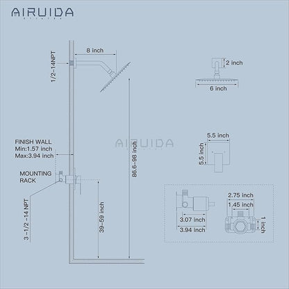 Airuida Shower Faucet Set Bathroom Rain Shower System SUS304 Stainless Steel Single Handle With Male Threads Rough-in Valve Shower Trim Kit 6 Inch Wall Mount Shower Head Matte Black
