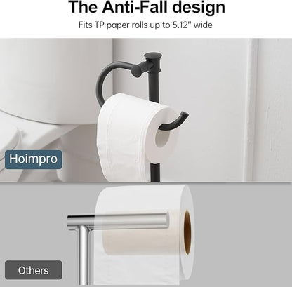 Hoimpro 25" Toilet Paper Holder Free Standing, Floor Bathroom Toilet Paper Tissue Roll Holder with Shelf Stand for 4 Rolls, with Storage, Freestanding Handle Hardware Accessories Rack Matte Black