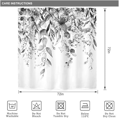 Riyidecor Black White Eucalyptus Shower Curtain for Bathroom Decor 72Wx72H Leaves Dark Plants Watercolor Floral Rustic Botanical Leaf Art Printed Fabric Polyester Waterproof 12 Pack Plastic