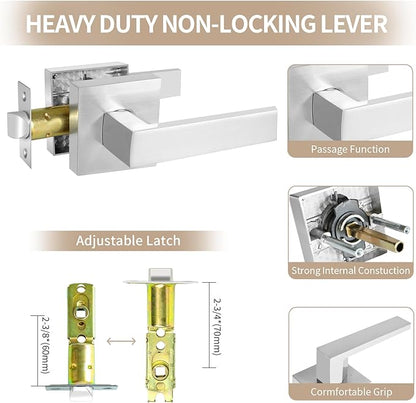 Square Passage Door Lever, Heavy Duty Interior Door Handles for Hallway& Closet Non-Locking Door Knob in Satin Nickel Keyless Door Lockset for Right & Left Side Door, 6 Pack