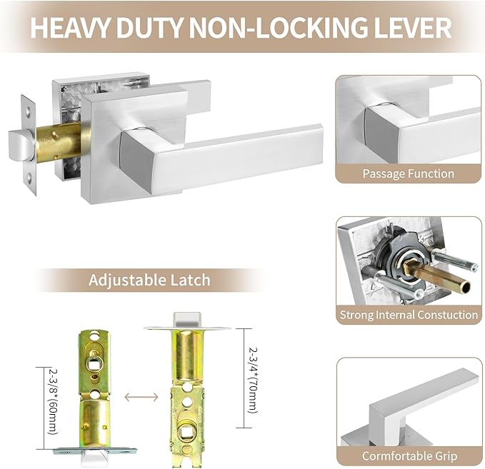 Passage Door Lever, Satin Nickel Interior Door Handles for Hallway and Closet, Heavy Duty Square Interior Keyless Door Handles Non-Locking Door Levers, 4 Pack