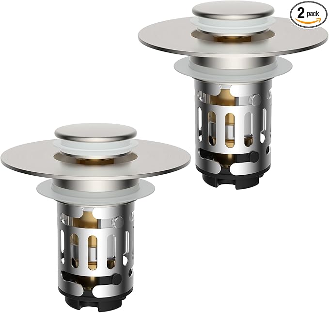 Hibbent 2 Pack Upgraded 3 in 1 Bathroom Sink Drain Strainer, Universal Pop Up Stopper with Removable Stainless Steel Filter Basket Hair Catcher, Sink Plug for 1.1''~2.36'' Basin, Brushed Nickel