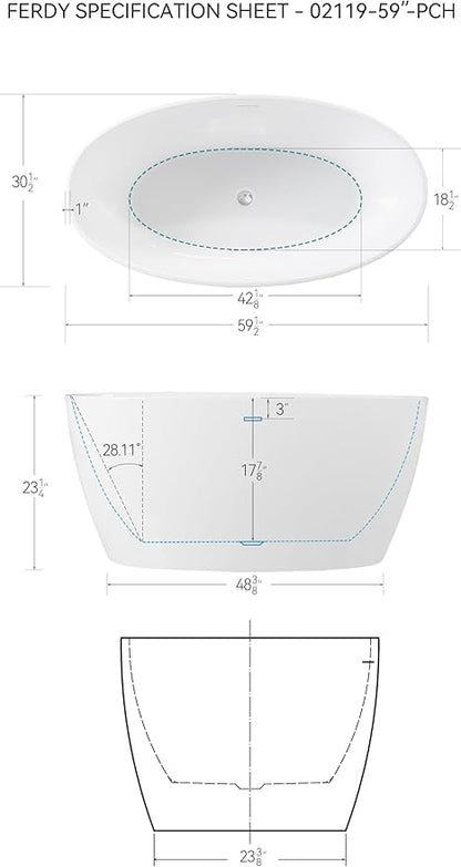 FerdY Tahiti 59" Acrylic Freestanding Bathtub, Elegant Oval Shape Bathtub, Glossy White, Polished Chrome Drain & Integrated Slotted Overflow Assembly Included cUPC Certified