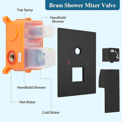 10 Inch Shower Head Set With Valve, Shower Faucet Set With Tub Spout, Rain Shower System, Black Shower Head And Handle Set, Ceiling Mount Shower Trim System