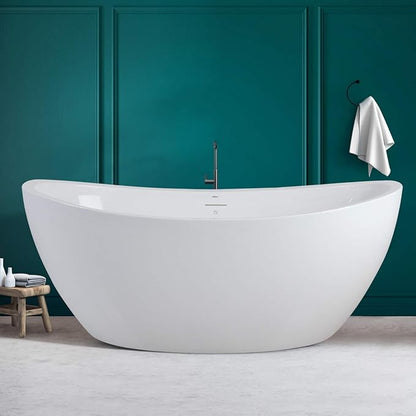 FerdY Naha 67" Freestanding Bathtub, Curve Edge Soaking Bathtub with Brushed Nickel Drain and Minimalist Linear Design Overflow, Easy to Install 588