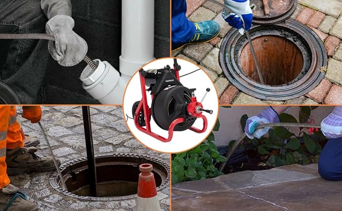 Heavy Duty Electric Drain Cleaner Machine, 75 Ft x 1/2 Inch Sewer Snake, 370w Auto-Feed, 6 Interchangeable Cutters, Gloves, Portable Pipe Cleaning Tool for 2-4 Inch Pipes