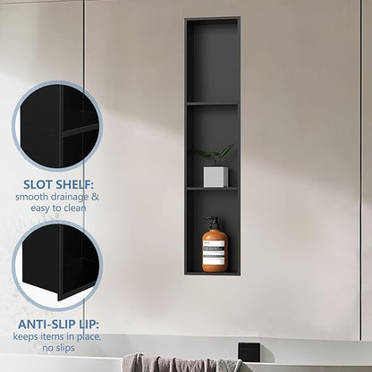 Homevacious 8" X 36" Stainless Steel Shower Niche No Tile Needed Matte Black 3 Tier Bathroom Shelf Rimless Recessed Wall Niche for Bathroom Storage