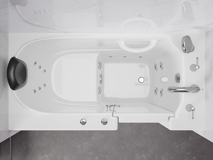ANZZI Walk-In Bathtub Whirlpool 26" x 53" Acrylic White Right Drain 15 Jets Quick-Fill Faucet Fast Drain ADA Seat Grab Bar Inline Heater Ergonomic Headrest Chrome Trim | AMZ2653RWH-CP