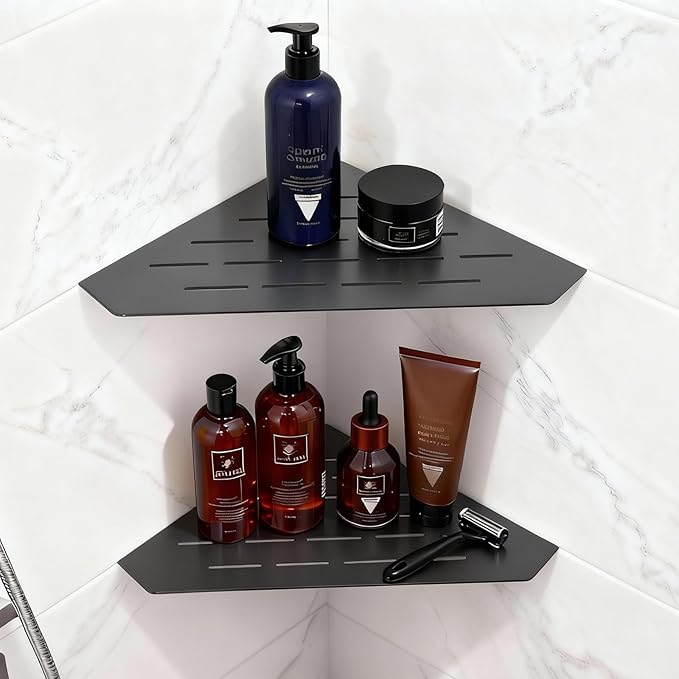 Corner Shower Shelf, 10" Brushed 304 Stainless Steel Slot Design Recessed Shower Shelves Corner Shelves Bathroom Grout in Shelf for Tiled Wall Black