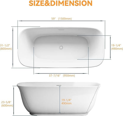 59" Acrylic Freestanding Bathtub, Soaking Tub for Bathroom, Stand Alone Tub, cUPC Certified, Integrated Overflow and Drain, Gloss White