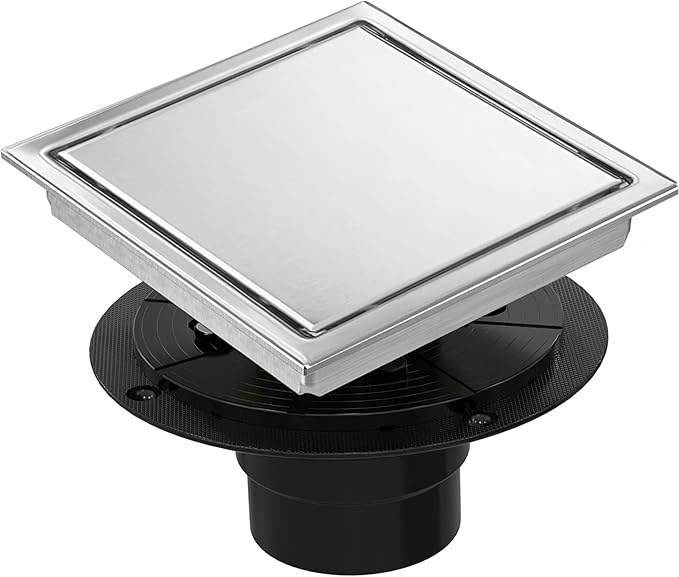 6 Inch Square Shower Floor Drain, Shower Drain Kit with Flange and 2 in 1 Tile-Insert Cover, Square Shower Drain, SUS 304 Stainless Steel Floor Drain,Silver