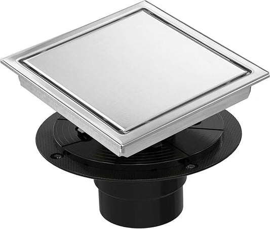 6 Inch Square Shower Floor Drain, Shower Drain Kit with Flange and 2 in 1 Tile-Insert Cover, Square Shower Drain, SUS 304 Stainless Steel Floor Drain,Silver