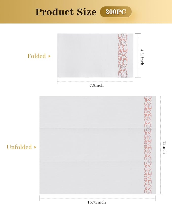 Goodluck 200 Pack 3-Ply Disposable Napkins - Soft & Absorbent Paper Hand Towels for Bathroom Guests, Dinner Party, Kitchen,Christmas， Wedding & Events, Parties - Rose gold Trim