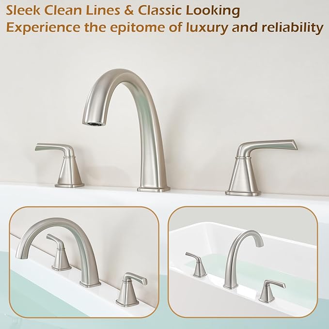 Brass Bathtub Faucet Roman Tub Faucet Gooseneck Tub Filler, Brushed Nickel Garden Tub Faucet Deck Mount 3 Hole High Flow Bathtub Faucet Set, with Valve & Hose, 12-20in Widespread