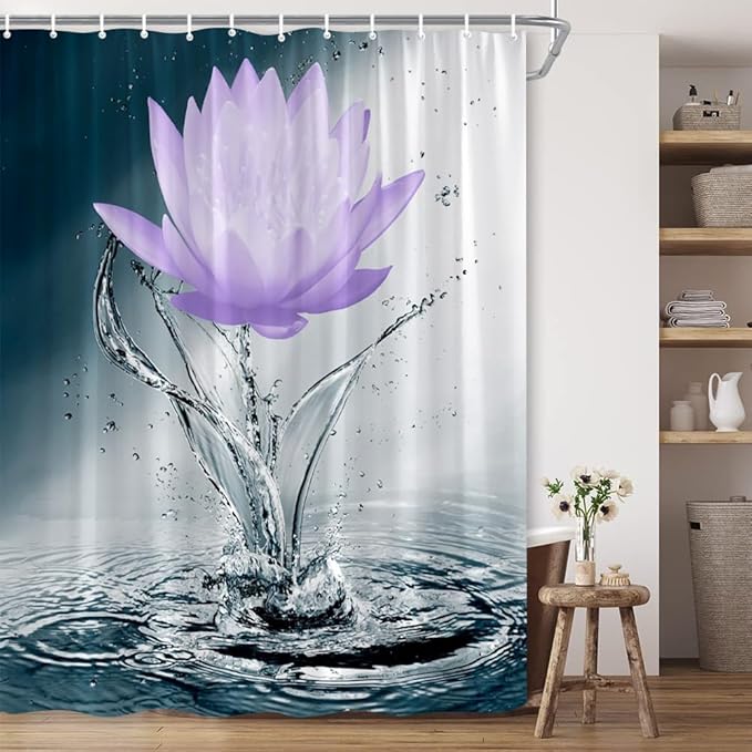 Lotus Shower Curtain Black White Blue Violet Flower Elegant Blooming Floral with Dew Spring Flower Reflection on Water Modern Romantic Polyester Fabric Bathroom Decor 36×70 Inch with Hook