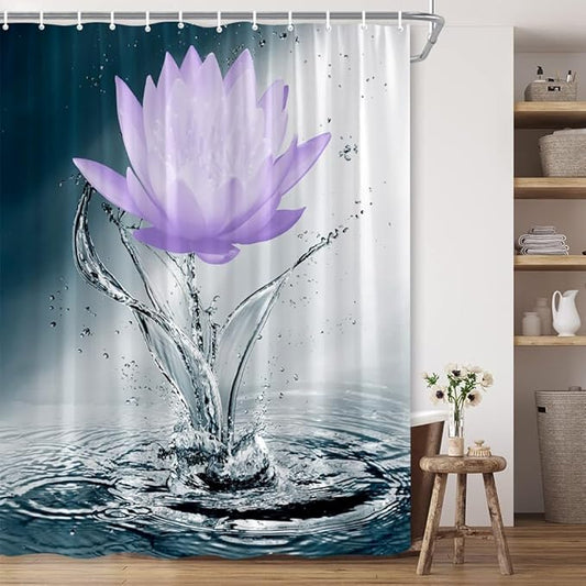 Lotus Shower Curtain Black White Blue Violet Flower Elegant Blooming Floral with Dew Spring Flower Reflection on Water Modern Romantic Polyester Fabric Bathroom Decor 36×70 Inch with Hook