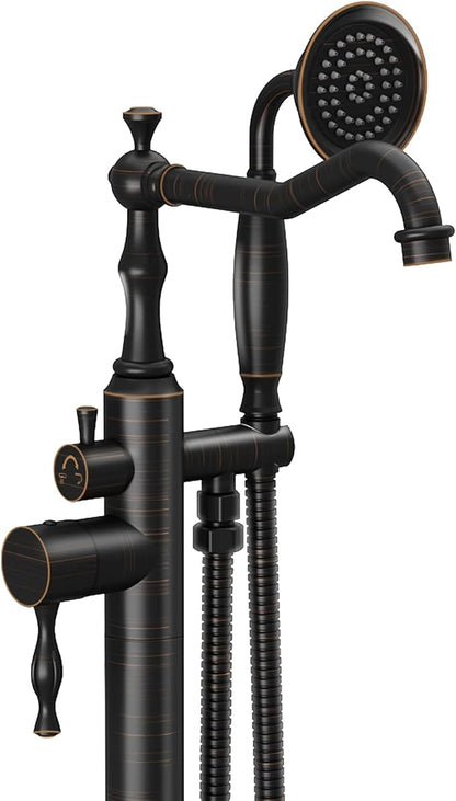 Oil Rubbed Bronze Standing Bathtub Faucet Freestanding Tub Filler High Pressure Single Handle Bathtub Filler Floor Mounted Brass Bathroom Stand Tub Faucets with Handheld Shower