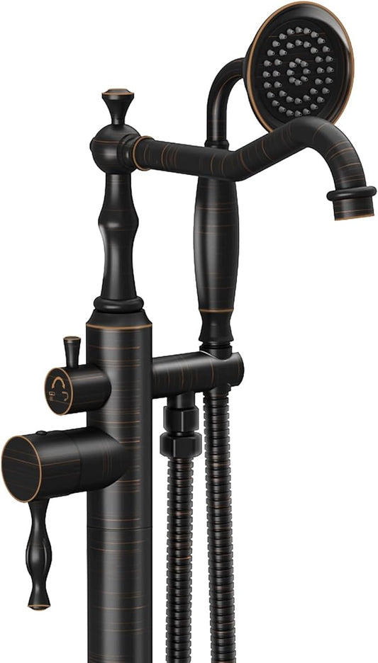 Oil Rubbed Bronze Standing Bathtub Faucet Freestanding Tub Filler High Pressure Single Handle Bathtub Filler Floor Mounted Brass Bathroom Stand Tub Faucets with Handheld Shower