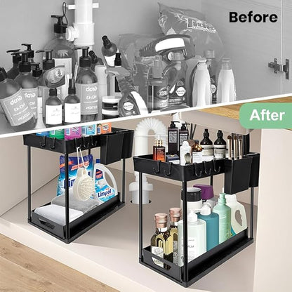 Compact 2-tier under-sink organizer with sliding drawer, 2 trays, and 5 hooks. Sturdy PP and iron design for kitchen, bathroom, or laundry room storage.