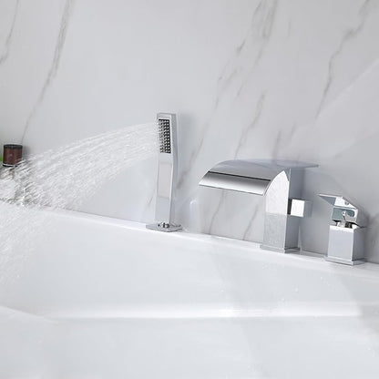 Waterfall Roman Tub Faucet with Hand Shower, Deck Mount Tub Filler Bathtub Faucet with Sprayer, Single Handle Bathtub Faucet Set, Brass Widespread 3 Hole Bathtub Shower Faucet Set, Chrome