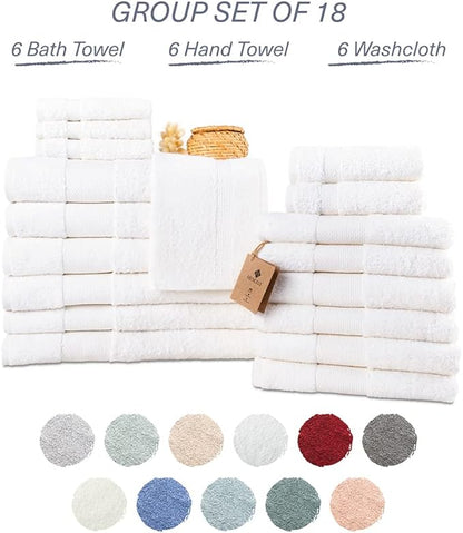 Hencely 18-Piece Bath Towel Set - High Absorbency, Quick Drying - 100% Soft Turkish Cotton - 6 Bath Towels, 6 Hand Towels, 6 Washcloths - for Bathroom, Home, Hotel, Spa, and Gym - 18-Pack White