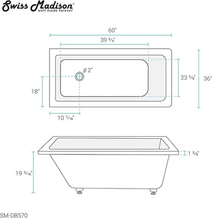 Swiss Madison Well Made Forever SM-DB570, Voltaire 60"x36" Acrylic Drop-in Bathtub, White