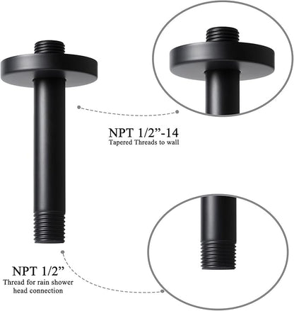6 Inch Shower Arm with Flange, Ceiling Mounted Shower Head Extension Arm, 1/2 NPT Straight Arm for Rain Shower Head, Stainless Steel Shower Head Extension Replacement Pipe Arm,Black