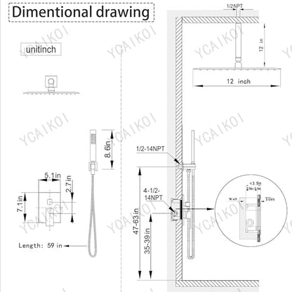 12 Inch Oil Rubbed Bronze Ceiling Mount Shower System Bathroom Luxury Rain Mixer Shower Combo Set Ceiling Rainfall Shower Head System Faucet Contain Rough-in Valve and Trim Included