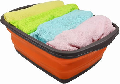 SAMMART 10L (2.6 Gallons) Set of 2 Collapsible Tub - Foldable Dish Tub - Portable Washing Basin - Space Saving Plastic Washtub (Bluish-Green & Orange)