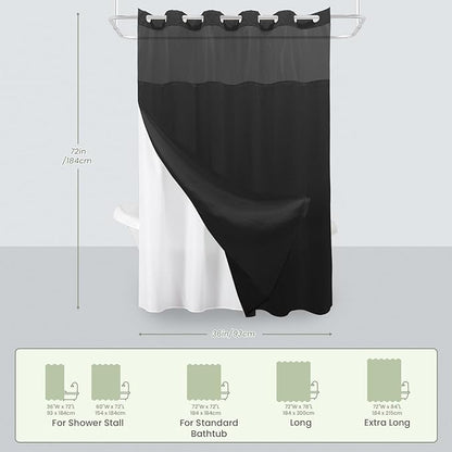 Inhousolu Stall No Hook Shower Curtain with Snap in Fabric Liner Set Waffle Weave 230GSM Weighted Hem, Waterproof & Washable Bathroom Curtain Spa Luxury with Mesh Top Window 36" W x 72" L Black