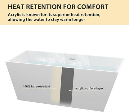 Logmey 67 Inch Bathtub White Acrylic Freestanding Rectangle Deep Soaking Tub with Chrome Drain & Overflow Assembly for Classic and Modern Bathrooms