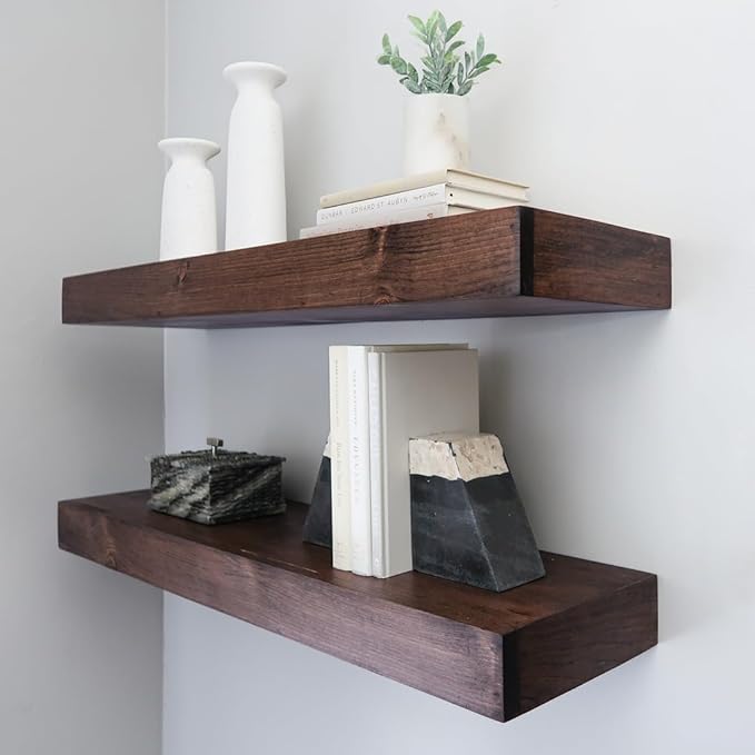 Urbandi Modern Floating Shelves 3 Inches Thick for Wall, Wide Shelves for Kitchen, Living Room, Bedroom, and Bathroom, Natural Pine Wood, Rustic Wooden Shelf, (Set of 2) (Provincial, 48Lx3Hx6D)