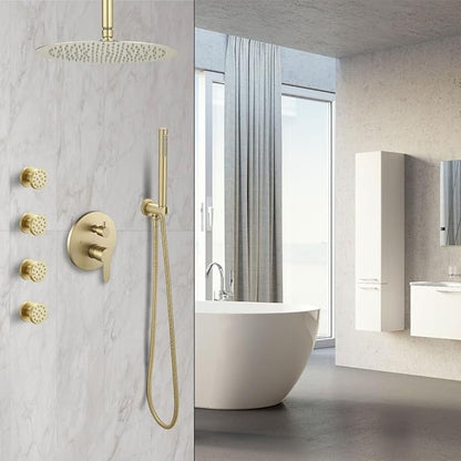 Brushed Gold Round Shower Faucet Set with Body Jets 10 Inch Shower Head Handheld Shower Combo Set High Pressure Ceiling Mount with Rough-in Valve