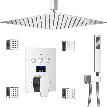 Rain Shower System Polished Chrome 3 Way Digital Display Shower Faucet System 12 Inch Ultra Thin Full Body Shower Head System with Handheld Shower and 4 PCS Body Jets