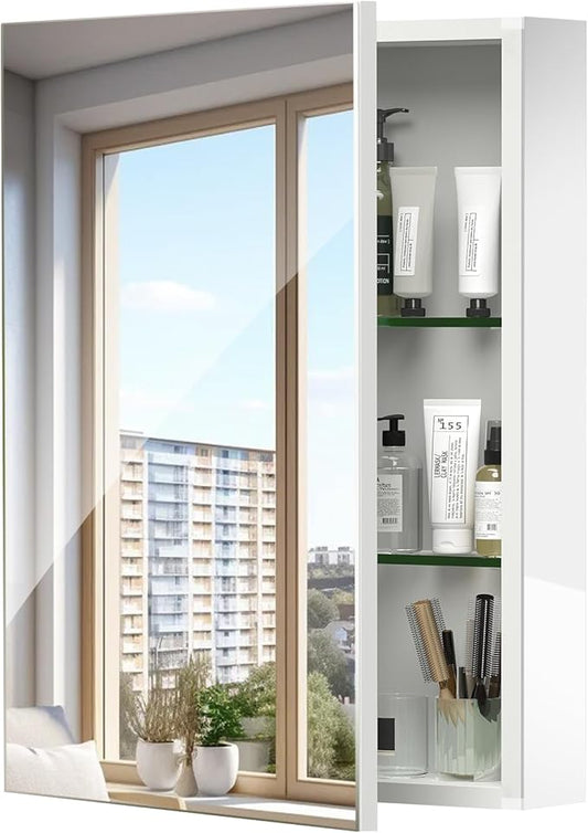 BROBIGBathroom Medicine Cabinet with Mirror, 24x32 Recessed or Wall Mirror Medicine Cabinet with Storage Adjustable Glass Shelves, Beveled Edge Mirrored Door with Aluminum Cabinet Hinges