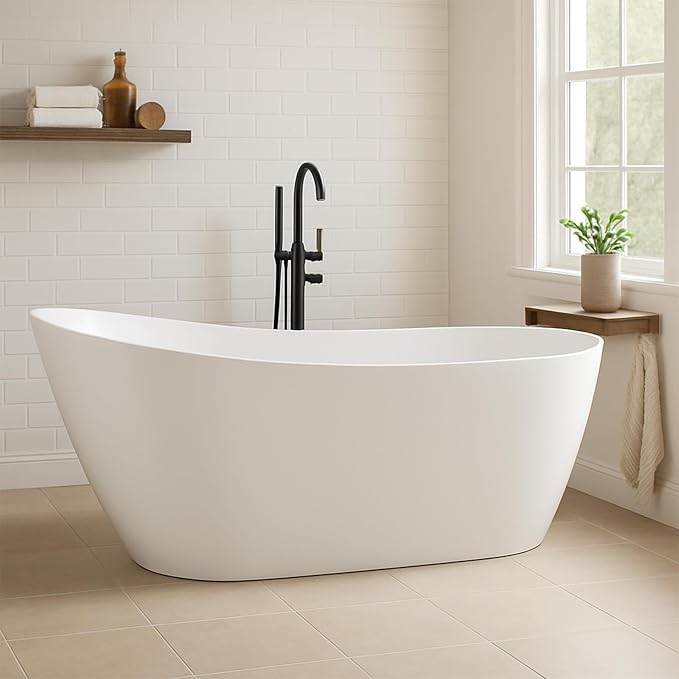 67 in Acrylic Freestanding Bathtub, Contemporary Stand Alone Tub,Glossy White Soaking Tub, with Chrome Overflow and Drain, CUPC Certified