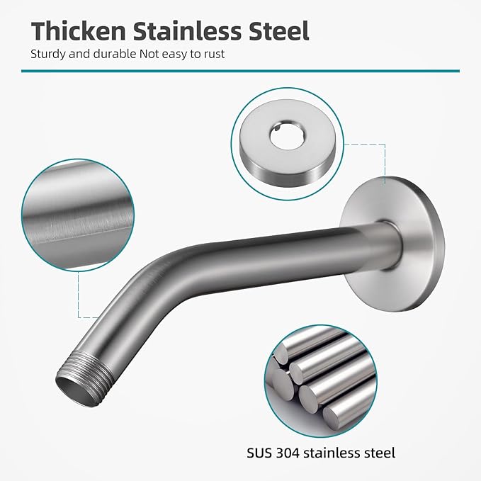 Cobbe Shower Arm with Flange and Teflon Tape, 6-Inches Wall Mounted Shower Pipe Arm 304 Stainless Steel Extension for Fixed Shower Head, Brushed Nickel